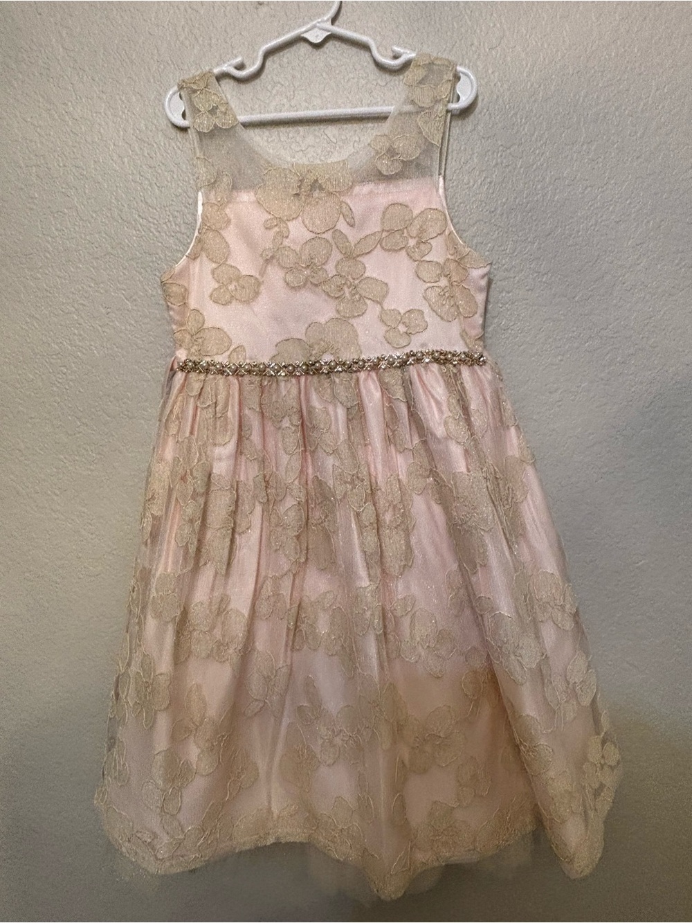 American Princess Pink and Gold Lace Rhinestones. Pearl Beaded Waist Party Dress